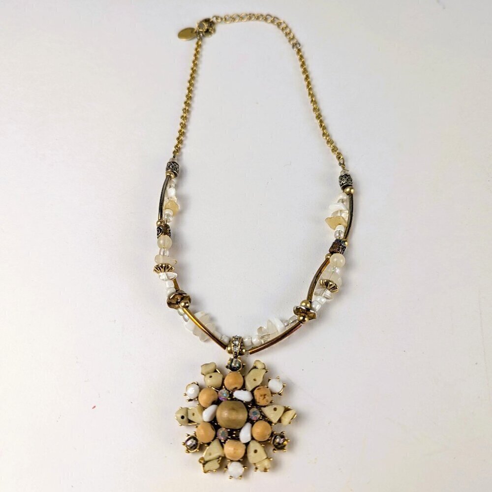Wood/Rock/Rhinestone Beaded Pendant Necklace